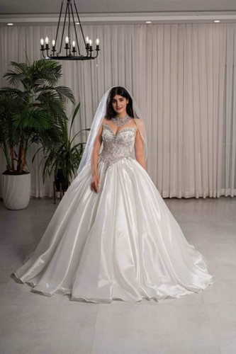 لباس عروس پنل تمام نگین با پارچه ی حریر آنجلیکا